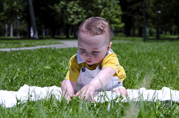 小男孩第一次接触草地，坐在户外绿色草地上的毯子上图片下载
