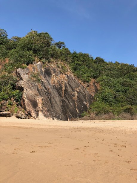 热带岛屿天堂的图像，蝴蝶海滩，Palolem，果阿，印度，棕榈树，私人附近的蜜月海滩与金色的沙子，温暖的绿松石海背景照片，岩石，悬崖面和游客度假图片下载