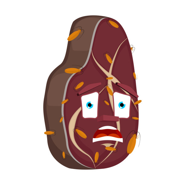 蟑螂在牛排隔离。受昆虫肉感染的卡通风格。牛排惊慌失措的向量图片下载