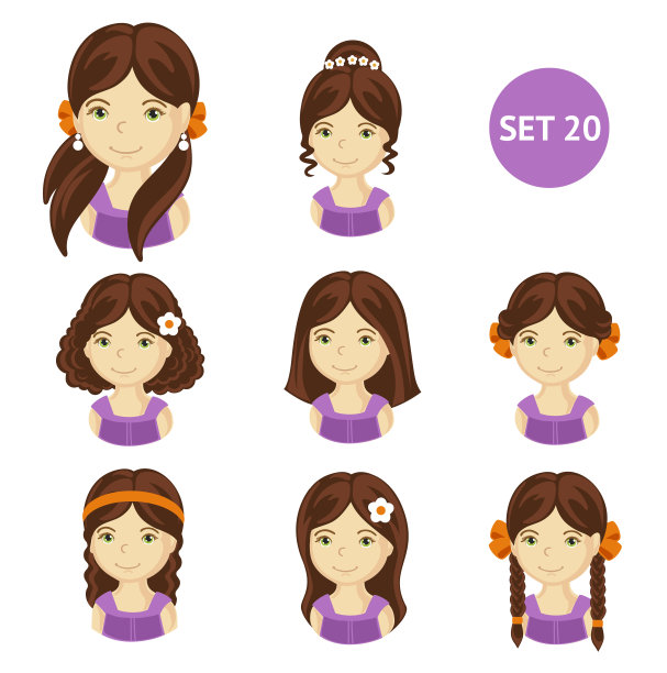 各种发型的可爱小女孩。图片下载