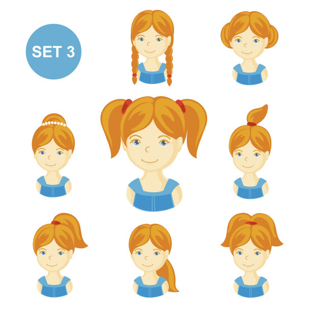 可爱的姜黄色小女孩与各种发型。图片下载