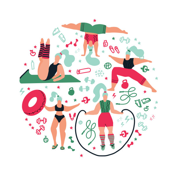 圆形构成妇女做运动。瑜伽姿势，健康运动，健身，游泳。可爱的女孩矢量平面插图。在白色背景的健身房锻炼。适合每个女人。图片下载