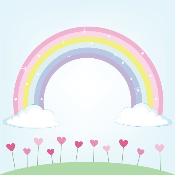 可爱的草地和云彩与彩虹彩色矢量插图图片下载