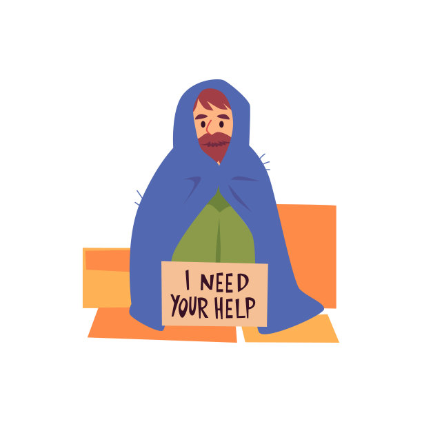 一个穿着斗篷的流浪汉坐在纸板上，带着卡通风格的求助标志图片下载