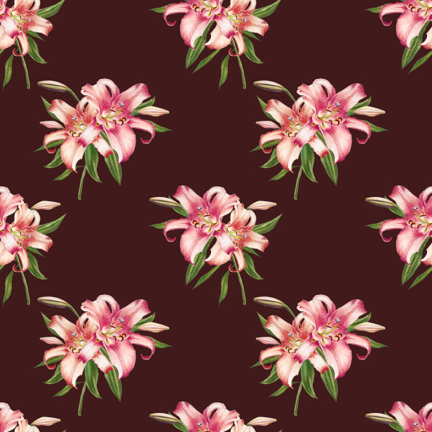 美丽的粉红百合无缝图案。束鲜花。花的纹理。标记图。图片下载