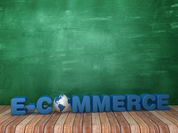 3D字电子商务在黑板背景- 3D渲染图片下载