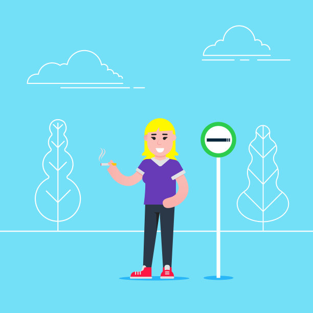 女孩吸烟吸烟标志附近的平面风格矢量插图孤立在浅蓝色的背景。吸烟区概念。图片下载