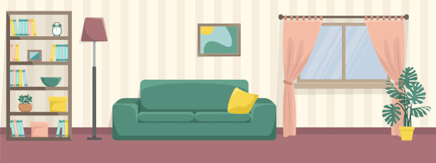 舒适的客厅，有沙发和书柜。平的内部。素材图片