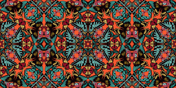 无缝矢量图案，由各种彩色蝴蝶，组成时尚自然的马赛克印花，适用于豪华面料或纸张，印花枕头，夏季服装。潮流矢量抽象背景图片下载