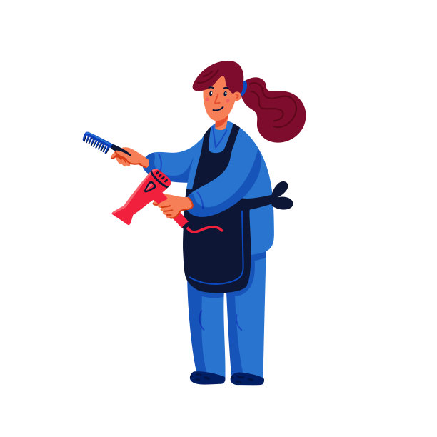 宠物美容的概念。女人-宠物美容师与梳子和吹风机在白色的背景。狗的照顾，美容，卫生，健康。宠物店,配件。平面风格矢量插图。图片下载