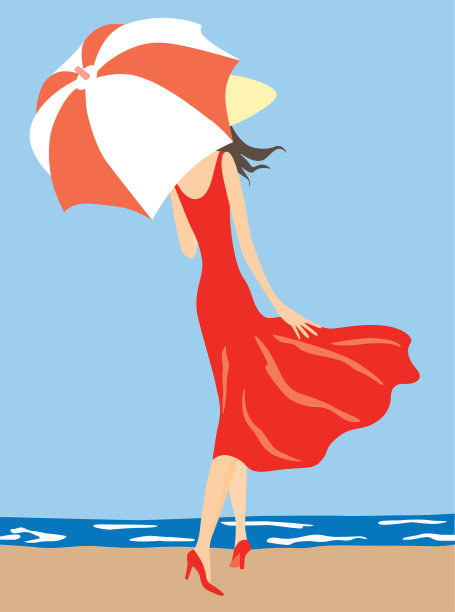 矢量插图的一个年轻苗条的女人走在伞下在海边图片下载