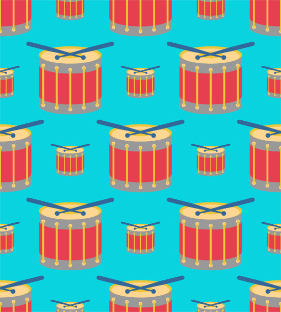 Ð朗姆酒卡通图案无缝。打击乐器背景。儿童布纹理图片下载