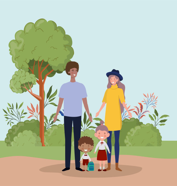 老师夫妇带着小朋友在风景里图片下载