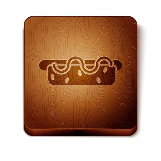 棕色热狗三明治与芥末图标孤立在白色背景。香肠图标。街头快餐菜单。木制方形按钮。矢量图图片下载