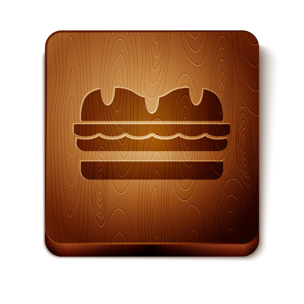 棕色三明治图标孤立在白色背景。汉堡图标。汉堡食品的象征。芝士汉堡三明治的迹象。街头快餐菜单。木制方形按钮。矢量图图片下载