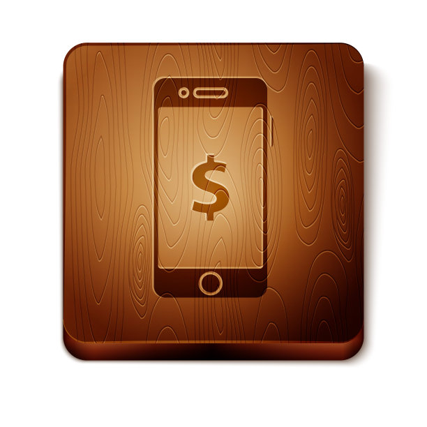 棕色智能手机与美元符号图标孤立在白色背景。网上购物的概念。金融手机图标。在线支付。木制方形按钮。矢量图图片下载