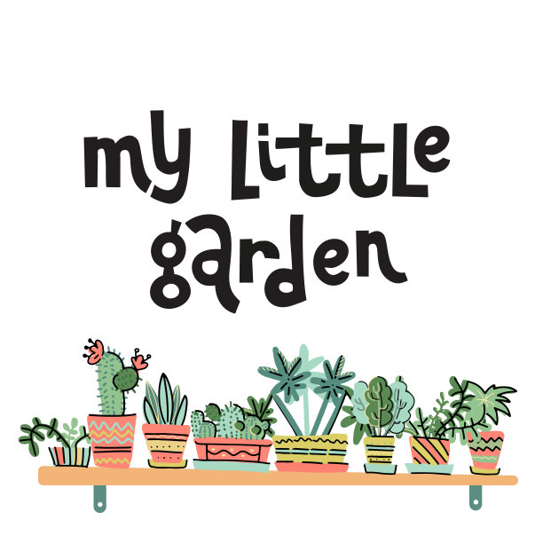 手绘包含热带室内植物。斯堪的纳维亚风格插画，现代优雅的家居装饰。矢量打印设计与时尚的字母-我的小花园。花盆里的植物在架子上图片下载