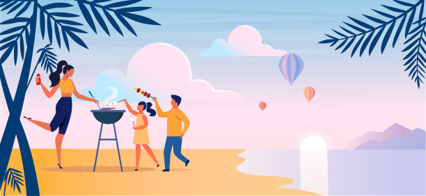 海滩烧烤，野餐平面矢量插图图片下载