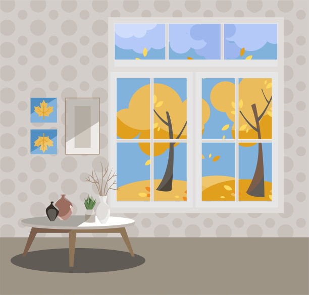 窗外有黄色的树木和飞舞的树叶。室内是秋季的，有咖啡桌，花瓶，灰色墙纸上的图片。外面天气晴朗。平面卡通风格矢量插图。图片下载
