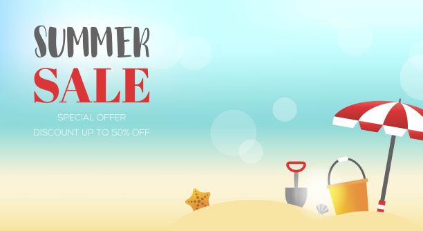 夏季销售，夏季海滩景色与海滩设备图片下载