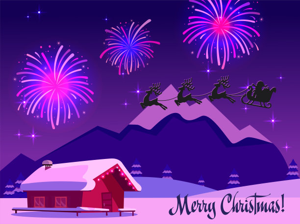 冬季夜景插画：烟花照亮天空，圣诞老人乘坐鹿拉雪橇，紫色圣诞贺卡，滑雪胜地假期图片下载