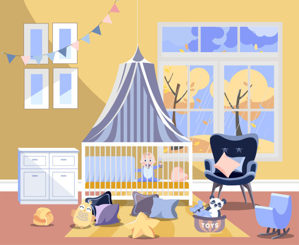 新生儿幼儿室室内平面矢量插画卧室家具。带玩具的儿童房，带更换板的五斗柜，安乐椅，带男孩的床，带秋景的窗户图片下载