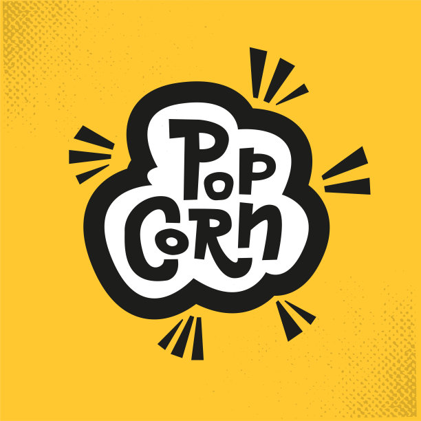 爆米花的创意字，适合电影，电影院等，字体在可口的黄色背景。矢量插图。平面设计印刷在包装上，包装，海报，横幅，传单卡图片下载