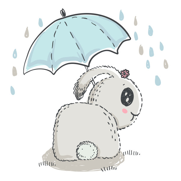 矢量手画可爱的兔子与伞。图片下载