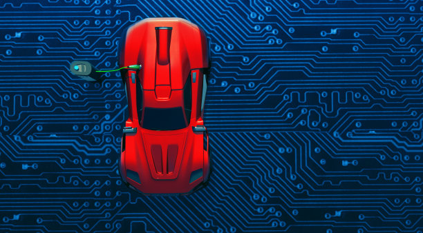 停在电路板上给电动汽车充电的概念图片下载