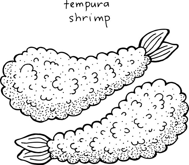 天妇罗虾-日式食墨插画。图形的黑白艺术品。成人涂色页。矢量图图片下载