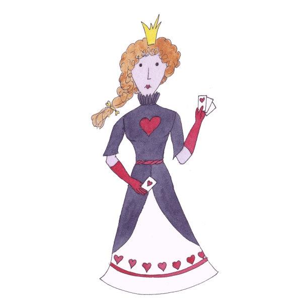 红皇后身穿黑白心形礼服，头戴皇冠，手里拿着扑克牌，出自刘易斯·卡罗尔的童话《爱丽丝梦游仙境》图片下载