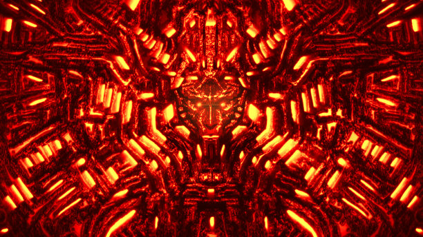 带有浅浮雕和突出机器人头的网络墙。红色的颜色。图片下载