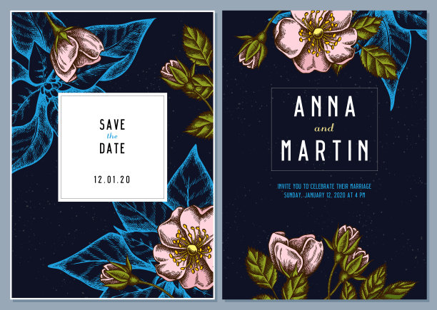 黑色的婚礼请柬和彩色的狗玫瑰图片下载