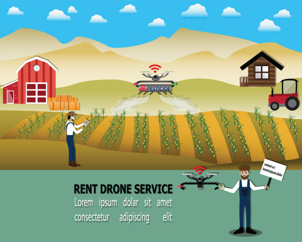 共享租赁无人机，用于田间喷洒农药，矢量智能服务理念图片下载