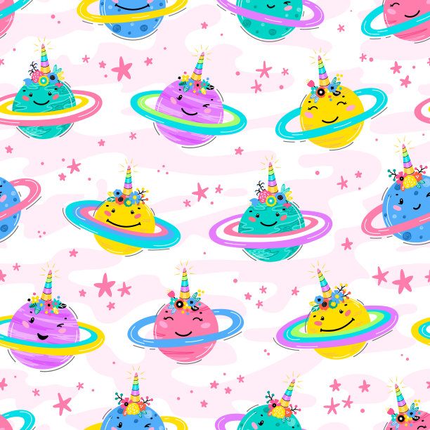 魔法独角兽无缝模式与土星行星。可爱的土星微笑的脸与独角兽角和花冠。空间矢量背景儿童t恤印花，托儿所设计，生日派对图片下载