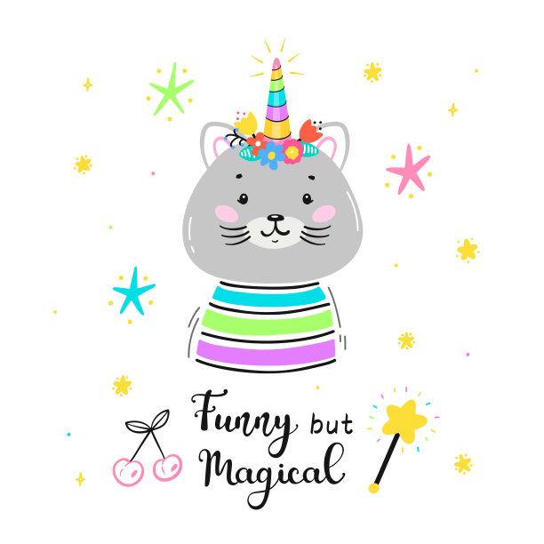 Caticorn或Kittycorn。魔法可爱的独角兽猫与花角和“有趣但神奇”引用矢量插图。可爱小猫t恤印花，婴儿沐浴卡，婴儿海报，生日。图片下载