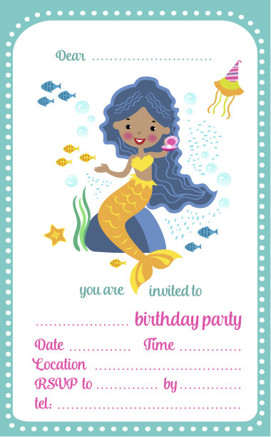 孩子生日派对邀请模板卡与可爱的小美人鱼和一个地方的文字，矢量插图图片下载