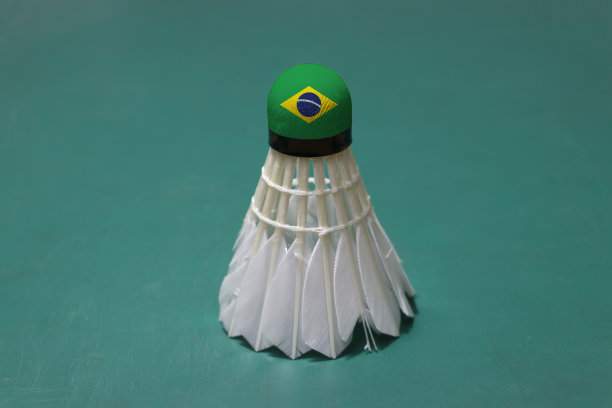 用过的羽毛球，头上涂有巴西国旗，竖放在羽毛球场的绿色地板上。图片下载