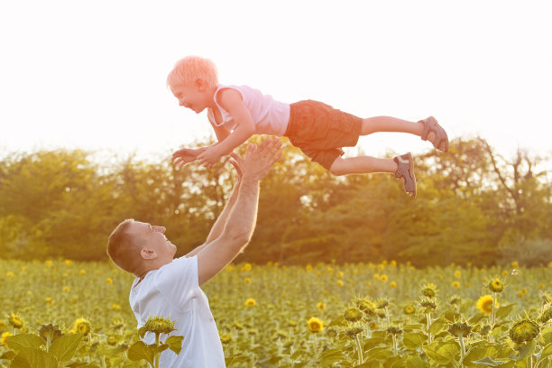 快乐的父亲在绿色的向日葵地里吐着一个笑着的儿子。特写镜头图片下载