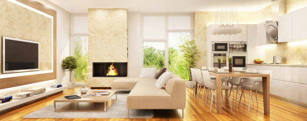 带有壁炉和厨房的现代客厅图片下载