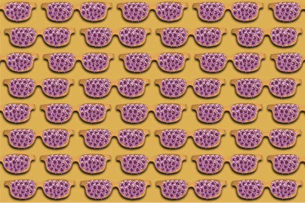 黄色太阳镜与紫色的花在黄色创意背景。夏天的概念。图片下载