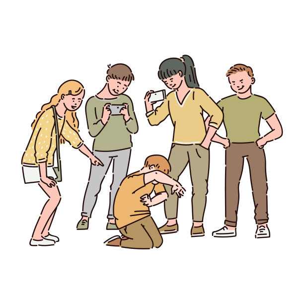 一群孩子或青少年正在欺负一个男孩，并用智能手机拍下了这段视频。图片下载