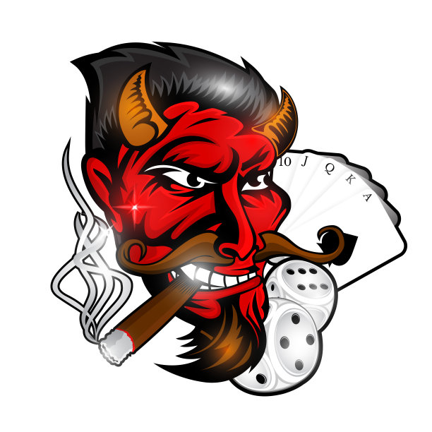 头吸烟红魔鬼与骰子和牌。乡村摇滚的标签或标志，纹身或运动队图片下载