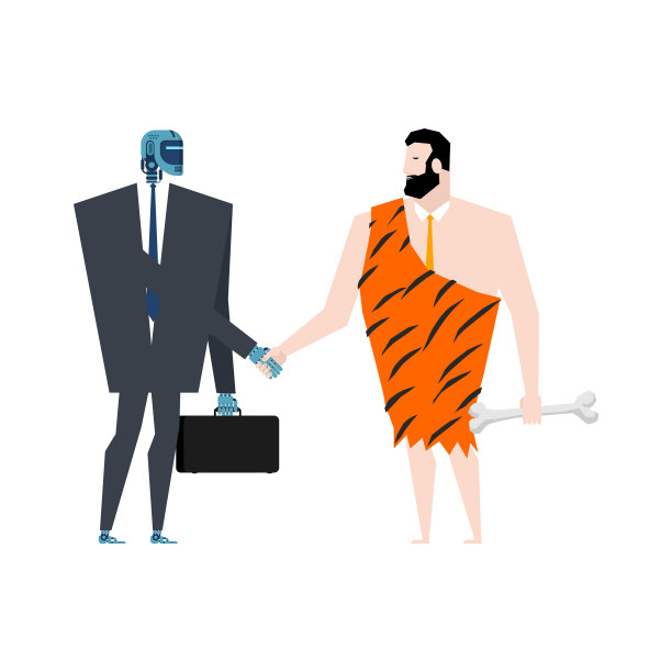 穴居人和机械人握手。机器人和史前人类契约。人工智能与远古人类。矢量图图片下载