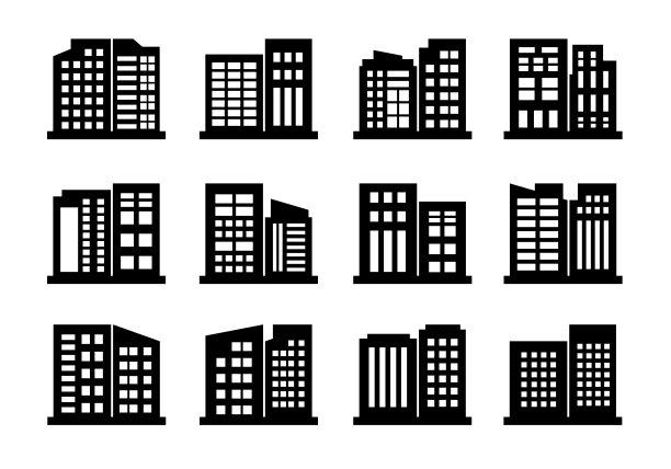 公司图标和矢量建筑设置，黑色办公室收集在白色的背景图片下载
