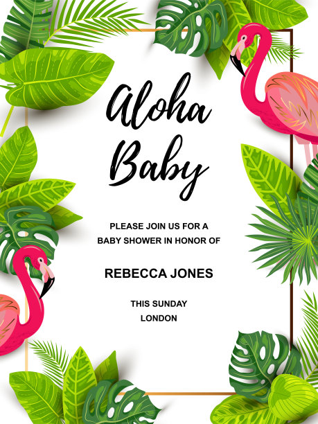 印有粉红色火烈鸟和热带树叶的请柬。图片下载