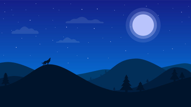 景观与山脉。夜森林景观与狼。月光下的夜景。图片下载