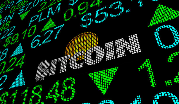 比特币加密货币数字区块链金融股票市场商务公司交易3D插图图片下载
