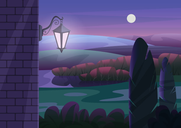 砖墙与发光的灯笼位于花园灌木丛和山丘在黑暗的夜晚矢量插图。图片下载