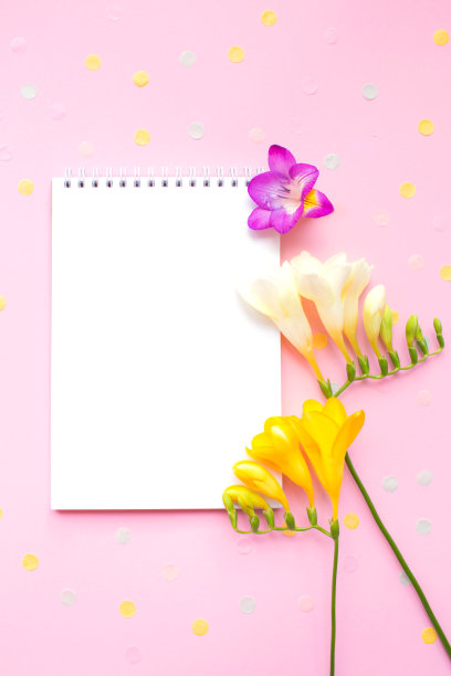 粉红色背景上有鲜花和五彩纸屑的便条本。概念学习用品。图片下载